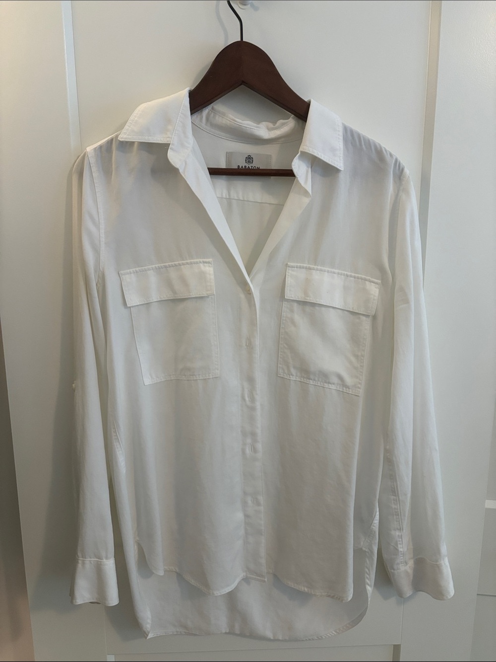 Babaton White Long-Sleeve Button-Down Shirt with Chest Pockets